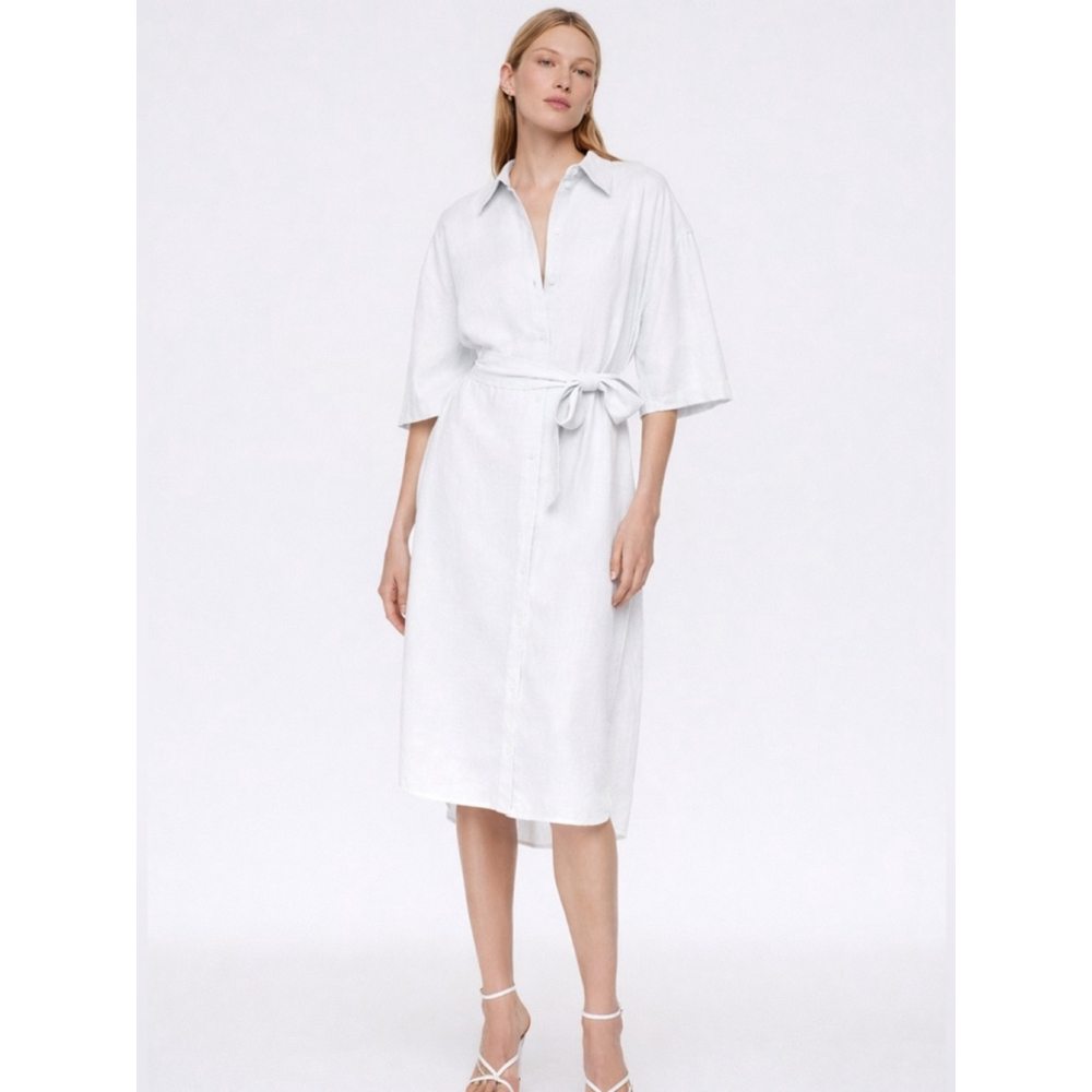 Aritzia Babaton Carnaby Linen Shirt Dress White Small Relaxed Belted Midi Dress